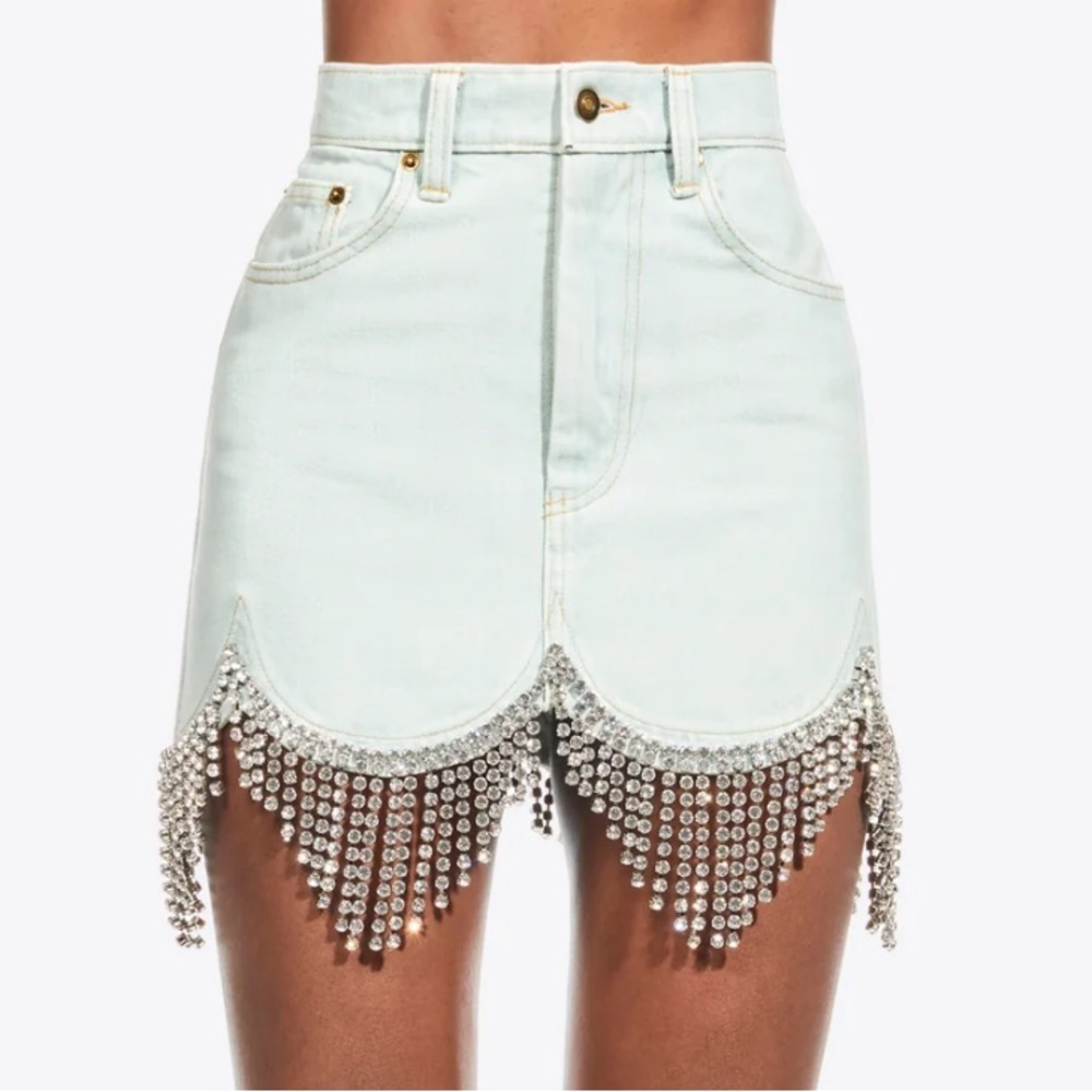 AREA Renaissance Scalloped Crystal  Fringe Denim Skirt 27